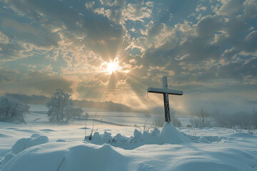 A cross in a snowy landscape, with warm sunrays shining through a cloudy winter sky, creating a scene of warmth and light in the cold.