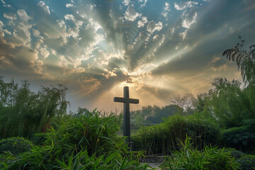 A cross in a tranquil garden of bamboo, bathed in gentle sunrays breaking through the cloudy sky, creating a scene of natural beauty and serenity.