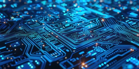 Microchip computer semiconductor circuit board illustration background with fast connection blue light AI technology. 