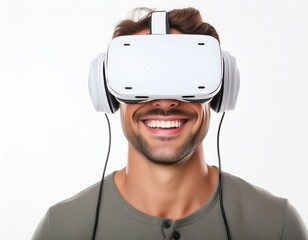 Portrait of happy man wearing virtual reality glasses isolated on flat white background with copy space. Banner template of smiling man in white VR goggles
