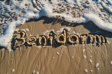 Wall Mural - Benidorm, Spain written in the sand on a beach. Spanish tourism and vacation background