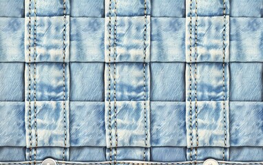 Wall Mural - seamless texture pattern with seams and pleats of light blue denim on jeans background