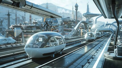 A futuristic transportation hub with autonomous vehicles and smart logistics