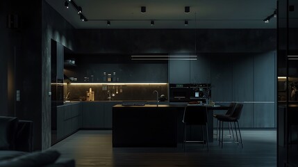 Wall Mural - Modern dark interior featuring an open kitchen area, captured with precision in HD
