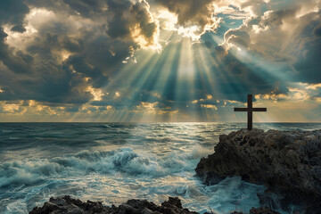 Wall Mural - A cross on a rugged coastal cliff, with sunrays shining through dramatic clouds, casting light over the turbulent sea.