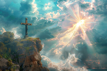 A cross on a windswept cliff, with powerful sunrays piercing through a stormy sky, representing strength and hope in adversity.