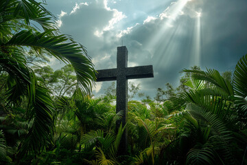 Wall Mural - A cross surrounded by lush greenery, bathed in the gentle light of sunrays breaking through a cloudy canopy, symbolizing life and renewal.
