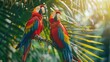 © julio - Scarlet Macaws, Ara macao, two birds sitting on the palm leave, Costa Rica. Nature Costa Rica. AI generated