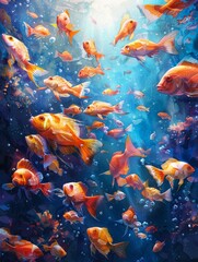 A watercolor style illustration of fish underwater in a beautiful nature scene. 