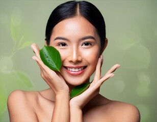 Wall Mural - Studio portrait of a beautiful Asian woman with glowing skin taking care of her face at a spa