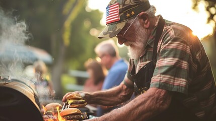 Memorial Day, Independence Day. Veteran day. Veteran flipping burgers at a cookout with an American flag softly blurred in the background.