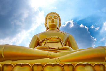 Poster - The Big Seated Buddha Statue (Buddha Dhammakaya Dhepmongkol) at Wat Paknam Phasi Charoen (temple) in Bangkok, Thailand