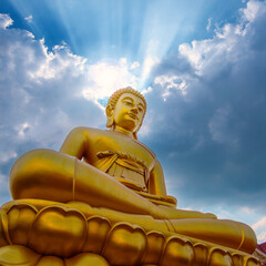 Poster - The Big Seated Buddha Statue (Buddha Dhammakaya Dhepmongkol) at Wat Paknam Phasi Charoen (temple) in Bangkok, Thailand