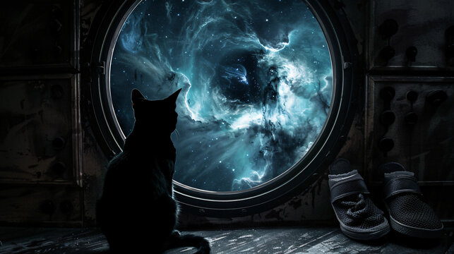 Black Cat Looking at Nebula for Space Background with copy space text for Website