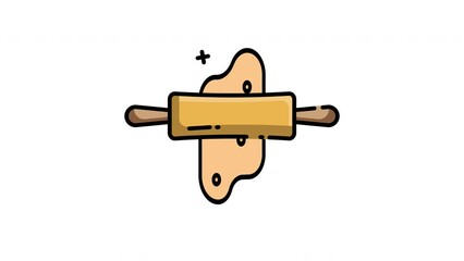 Animated rolling pin icon. Roll out dough animation. Homemade pizza. Baking tool. Loop video with chroma key, alpha channel. Outline motion graphic animation