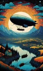 Wall Mural - Aerial view of a zeppelin flying above land.