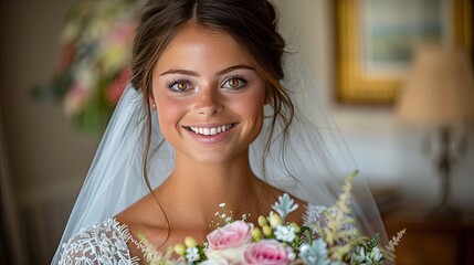 Luxury wedding bride, girl posing and smiling with bouquet  