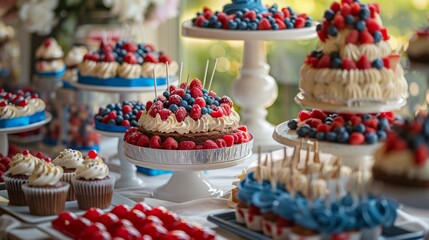 A patriotic themed dessert table at a 4th of July party, with red, white, and blue sweets and decorations