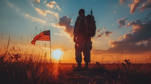 silhouettes of soldiers saluting on background of sunset or sunrise and usa flag usa army soldier sa