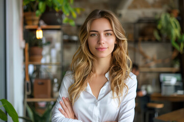 Wall Mural - Portrait of a successful female entrepreneur in front of her startup office, empowering and vibrant, Photography style. Small business professional company and business growth feeling