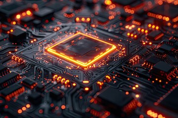 Wall Mural - Close-up of a Glowing Microchip on a Circuit Board Highlighting Advanced Technology