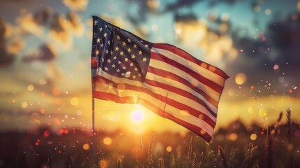 An American flag waving proudly in the wind, with a beautiful blue sky and fireworks in the background