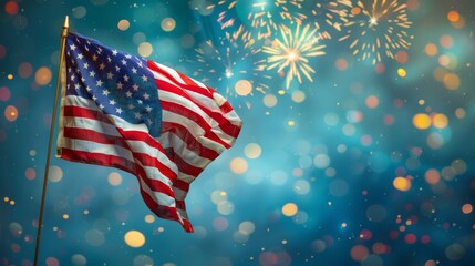 An American flag waving proudly in the wind, with a beautiful blue sky and fireworks in the background