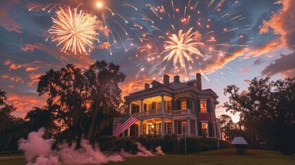 Wall Mural - An American flag displayed on a historic house, with fireworks illuminating the night sky