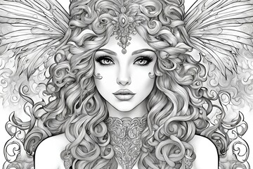 Coloring book artistic image of an adult fairy with a flowing ornate dress, big eyes, detailed wings and long curly hair in a monochrome coloring book page design