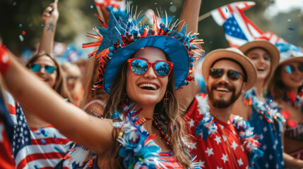 Sticker - A woman in a red hat and sunglasses is holding a red American flag. She is surrounded by a crowd of people, all of whom are also holding flags. Scene is celebratory and patriotic