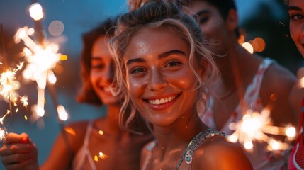 Sticker - A group of friends lighting sparklers at a 4th of July celebration, with big smiles and festive outfits