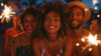 Sticker - A group of people are smiling and holding sparklers, creating a festive atmosphere. Concept of joy and celebration, as the group of friends are enjoying a fun and lively moment together