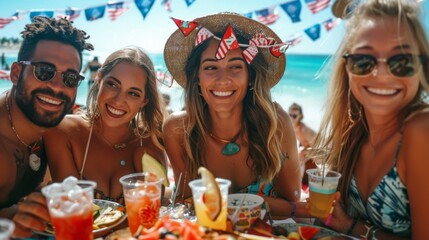 Sticker - A group of friends celebrating the Fourth of July at a beach party, with flags, food, and festive outfits