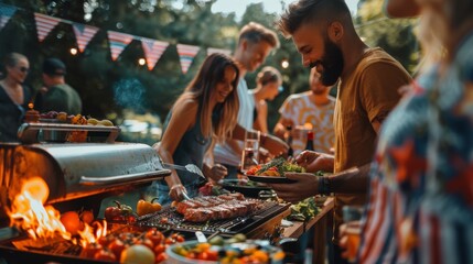 Sticker - A man is grilling food and smiling while a group of people watch. The atmosphere is lively and social