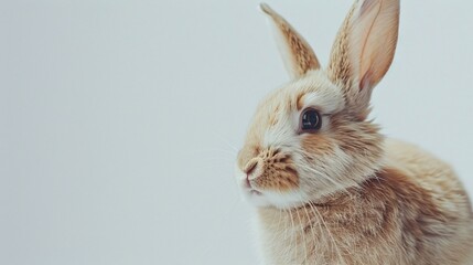 Close-up of a cute brown rabbit with large ears and soft fur on a white background, highlighting its adorable expression and gentle nature.