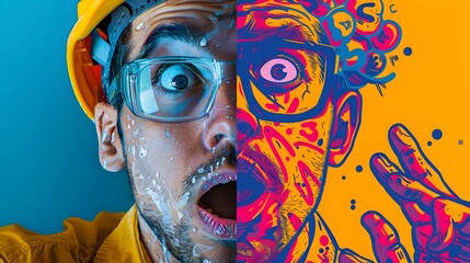 Wall Mural - Captivating Contrast Worker s Surprised Face and Vibrant Psychedelic Alter Ego