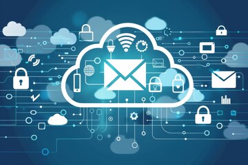 An illustration of a cloud with encrypted email symbols and security icons surrounding it