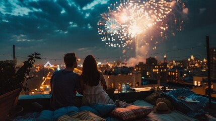 Wall Mural - A family enjoying a 4th of July fireworks show from their rooftop, with blankets and snacks laid out