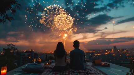 Wall Mural - A family enjoying a 4th of July fireworks show from their rooftop, with blankets and snacks laid out