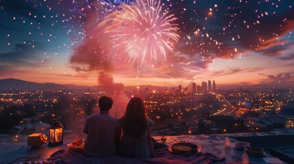 Wall Mural - A family enjoying a 4th of July fireworks show from their rooftop, with blankets and snacks laid out