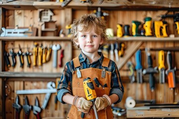 Kid as a carpenter with a tool belt and wooden project in a vibrant workshop