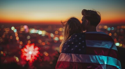 Sticker - A couple wrapped in an American flag, watching fireworks on Independence Day