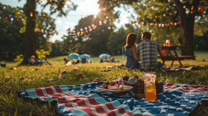 Sticker - A couple enjoying a 4th of July picnic in the park, with a blanket spread out and patriotic decorations