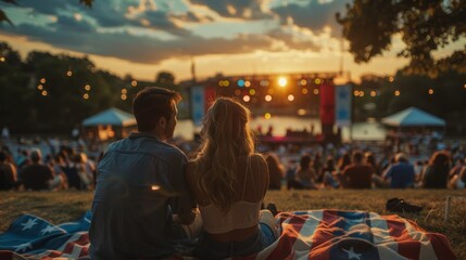 Sticker - A couple enjoying a 4th of July concert in the park, with the stage decorated in red, white, and blue