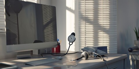 Poster - General practitioner's room, blood pressure cuff, desk with computer, clear, balanced light. 