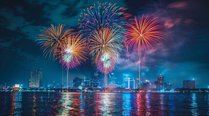 Wall Mural - A colorful fireworks display lighting up the night sky on Independence Day, with a cityscape in the background