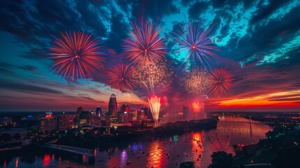Wall Mural - A colorful fireworks display lighting up the night sky on Independence Day, with a cityscape in the background