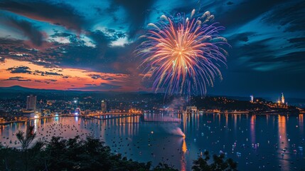 Wall Mural - A colorful fireworks display lighting up the night sky on Independence Day, with a cityscape in the background