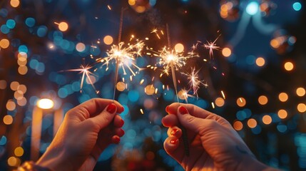 Wall Mural - A close-up of hands holding sparklers at a Fourth of July party, with festive backgrounds and decorations