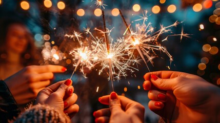 Wall Mural - A close-up of hands holding sparklers at a Fourth of July party, with festive backgrounds and decorations